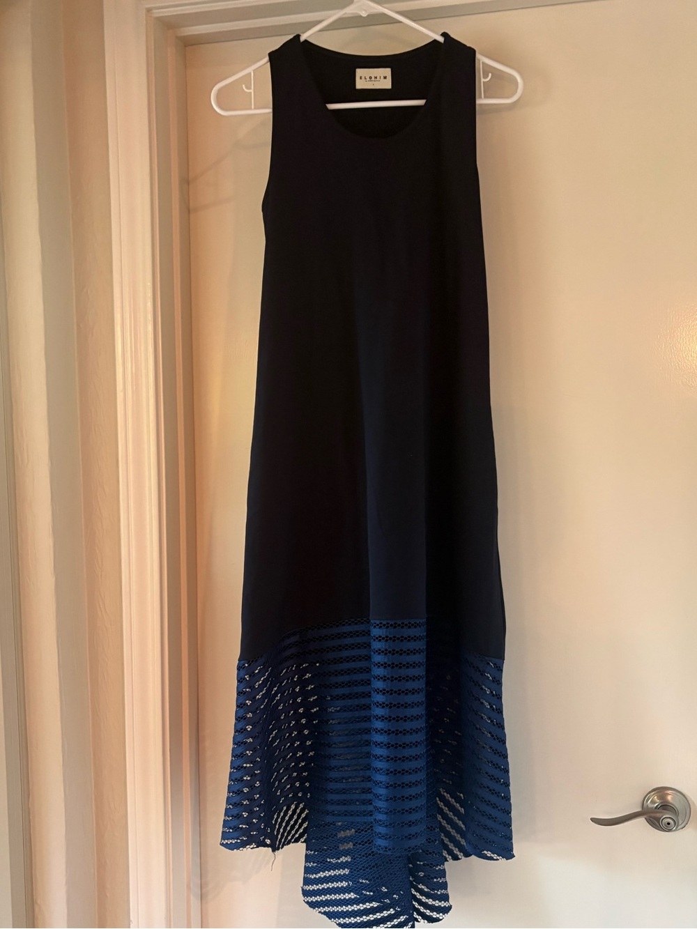 ELOHIM by Sabrina Goh Navy Sleeveless Midi Dress Mesh Hem